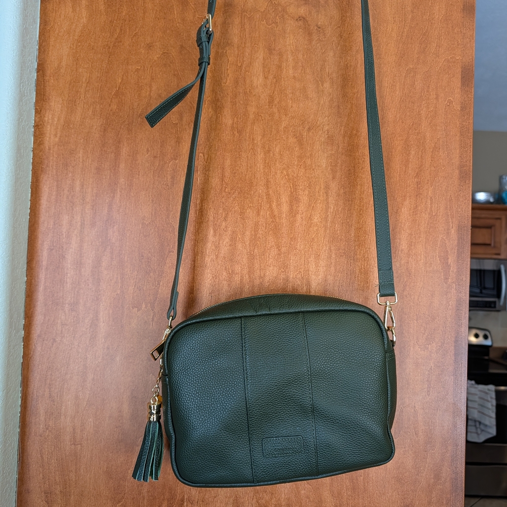 Classic Dark Green Pebbled Leather Crossbody Bag with Tassel And 2nd Strap